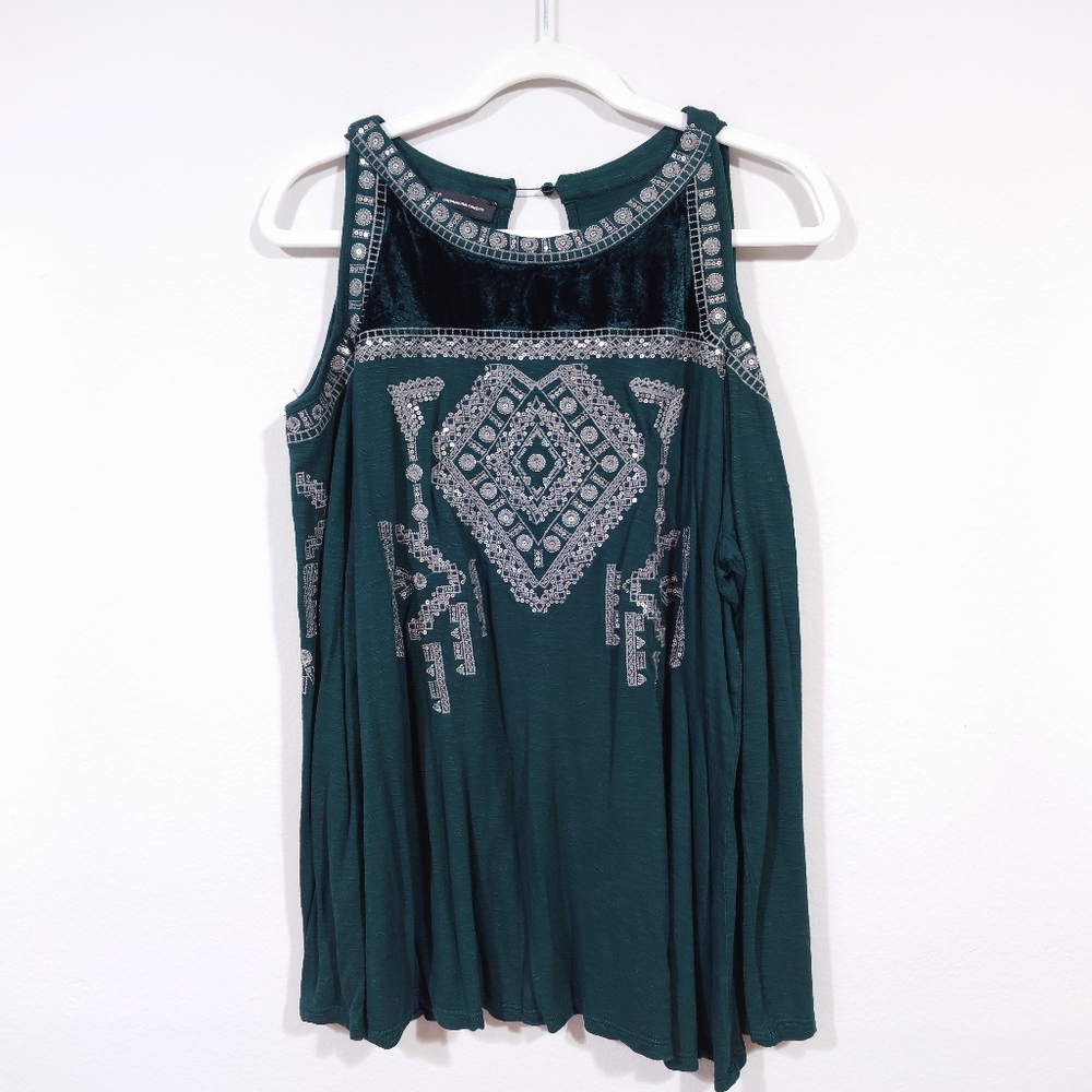 INC International Concepts Embroidered Cold Shoulder Top Boho Green XXL